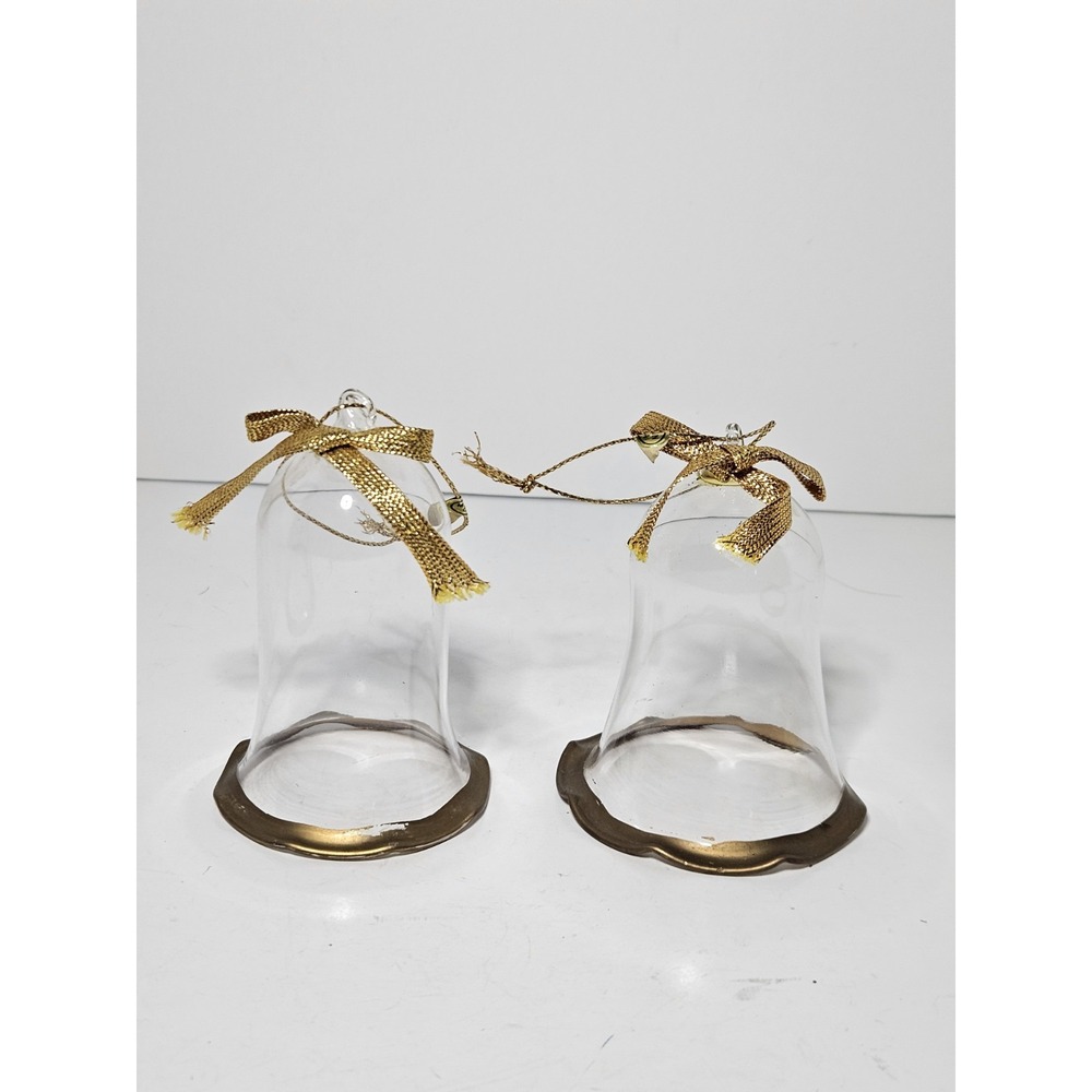 1994 PMI Clear Glass Christmas Bell Ornaments Gold Trim No Clapper Set Of 2 Vtg